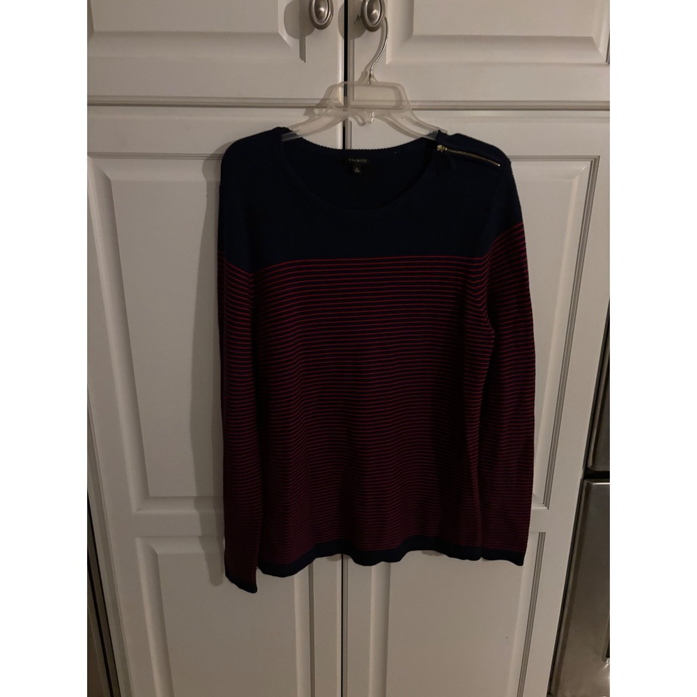 Talbots Womens Navy Blue Red Striped Shoulder Zip Cashmere Blend Sweater Large